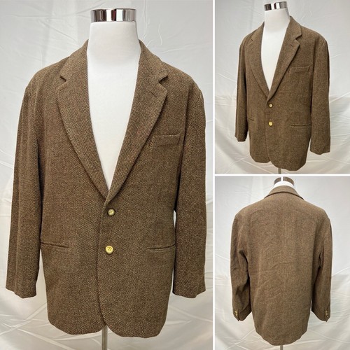 Men's Vintage Structure Brown Wool 2-Button Tweed Herringbone M Blazer Jacket - Picture 4 of 14