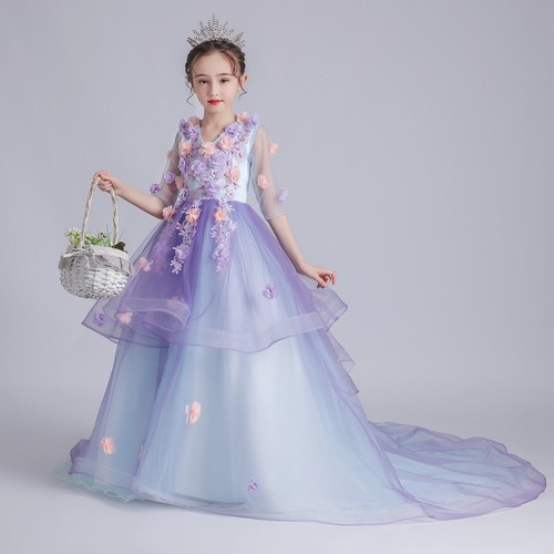 3D Flower Girl Princess Tulle Tutu Dress Party Long Maxi Ball Gown Evening - Picture 14 of 14