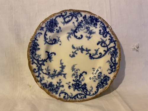 Vintage Cauldon England Flow Blue York Pattern Salad Plate Gold Trim