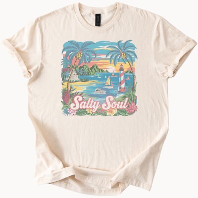 Salty Soul Beach Palm Tree Lighthouse Graphic Ocean Tee Summer Vacation