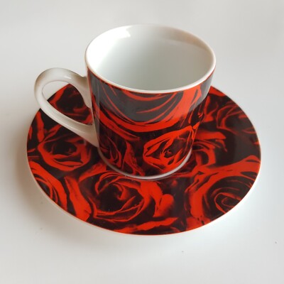 Konitz Demitasse Kaffeetasse Untertasse Rubinrot Rose Blume Porzellan Art Germany