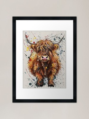 Highland Cow Paintsplash Effekt Rahmen gerahmtes Wandbild Poster Leinwanddruck Bild
