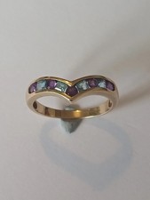 9ct Yellow Gold Amethyst & Blue Topaz Wishbone Ring Size P1/2