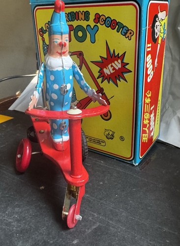 Vintage BLIC Clown Riding Scooter 5" Tin Wind Up Toy w/ Box Works - Picture 2 of 8