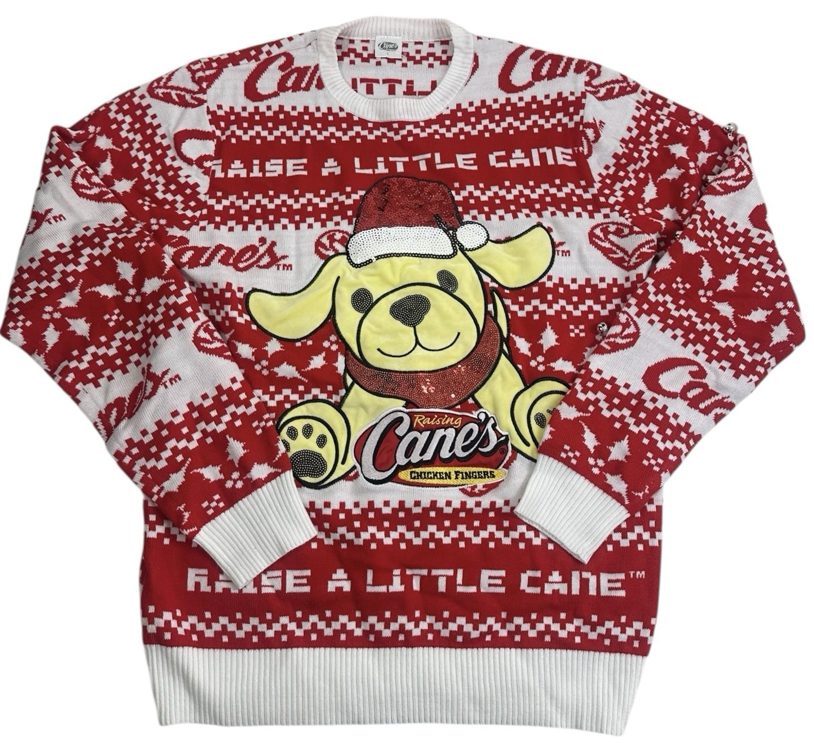 Raising Cane’s Xmas Sweater L Red White Cane Dog Ugly Holiday Jingle Bells 3D