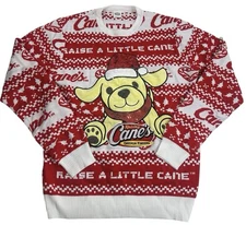Raising Cane’s Xmas Sweater L Red White Cane Dog Ugly Holiday Jingle Bells 3D