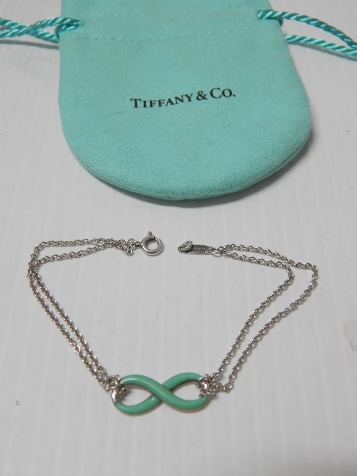 BRAZALETE FINO TIFFANY PLATA ESTERLINA ESMALTE AZUL INFINITO CADENA DBL + BOLSA Foto 2 de 4