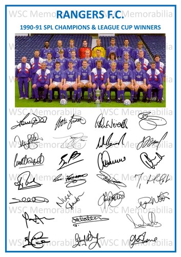 12882. 1990-91 Glasgow Rangers Signed Team Photo Sheet PRINTED AUTOS A4 Double