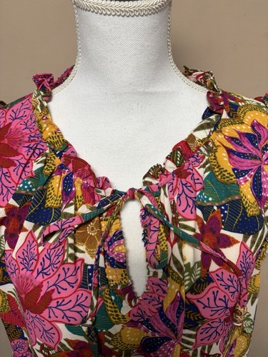 Rose + Olive colorful floral ruffle sleeve peasant blouse, 2X, polyester/spandex - Picture 2 of 9