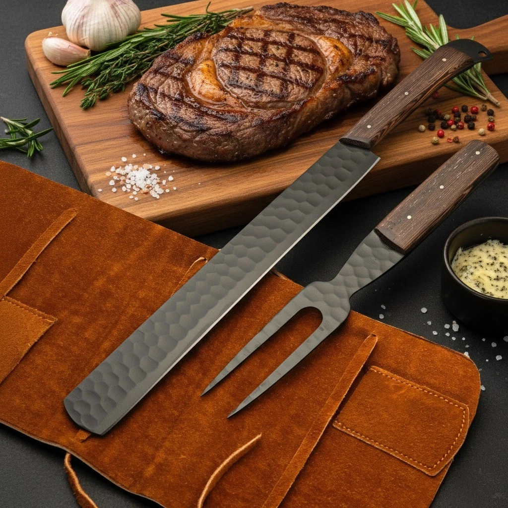 Brisket and fork knife set With Leather Roll kit Stainless steel Blade