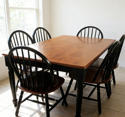 7 Piece Solid Wood Dining Table Set rustic Farmhouse Kitchen Chairs Black Oak