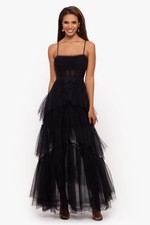 Betsy  Adam 24201 Tiered Tulle Ruffle Gown Sz 4 Black