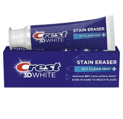 Crest 3D White Stain Eraser Teeth Whitening Toothpaste, Icy Clean Mint, 3.8 oz