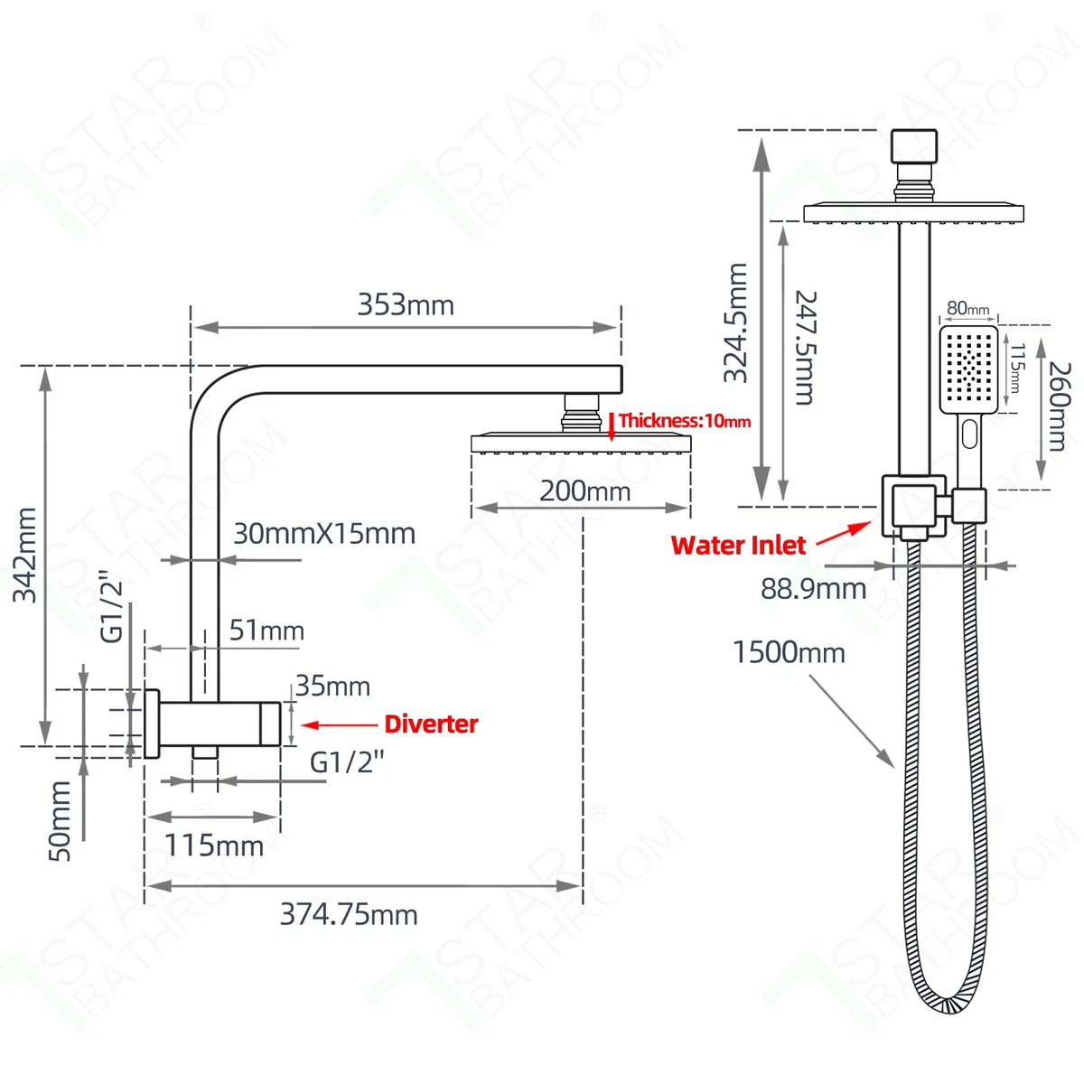 ACA WELS 8'' Black Rain Shower Head Rail set  High pressure Mixer Taps