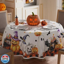 XCHI Orange Buffalo Plaid Spooky Pumpkin Ghost Halloween Tablecloth Round Was