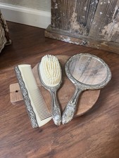Vintage 3 Piece Silver Plate Victorian Dresser Vanity Set Mirror Brush Comb EUC