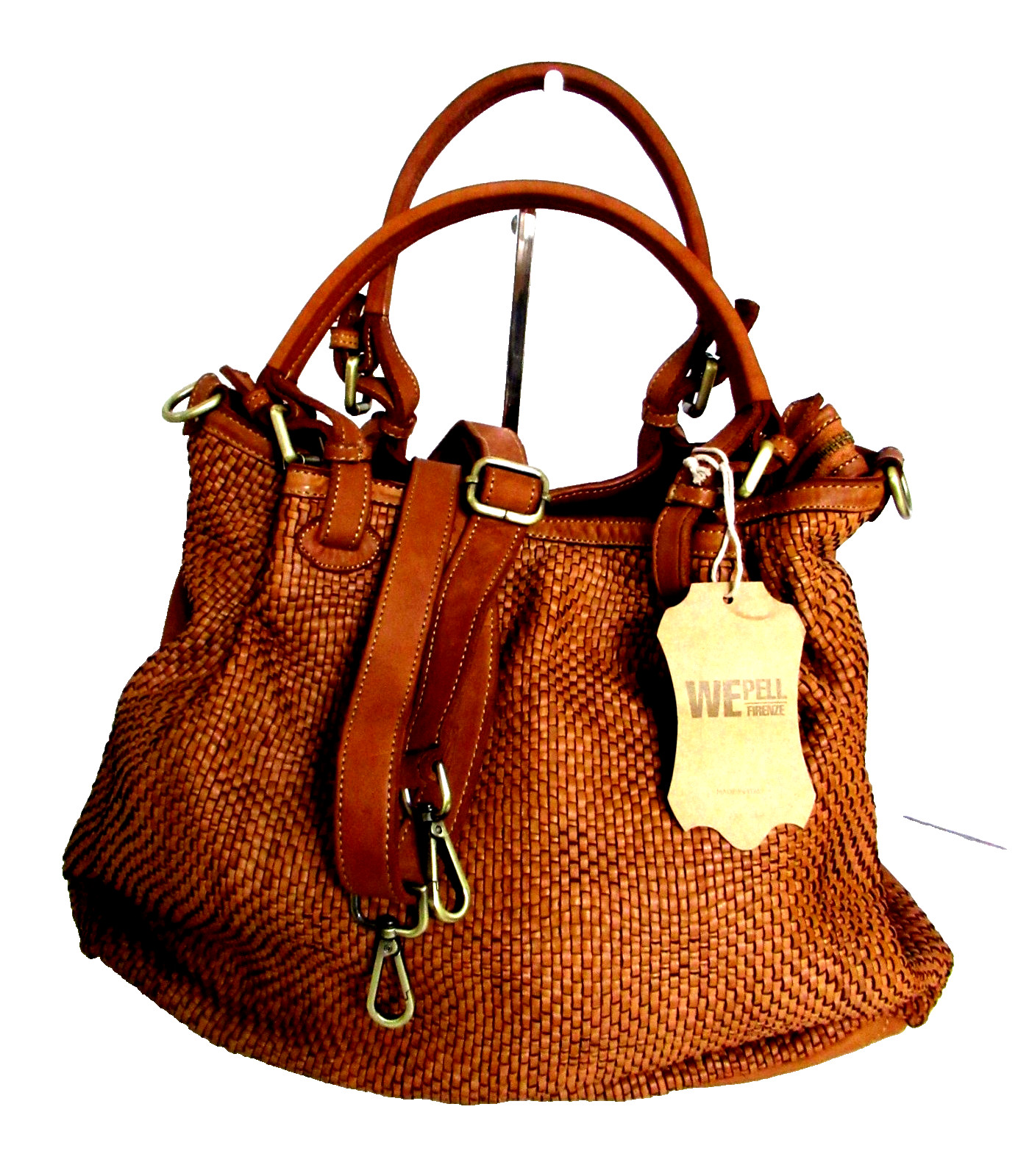 ITALIAN HAND WOVEN GENUINE WASHED LEATHER X-L SATCHEL HANDBAG BAG; MADE IN ITALY