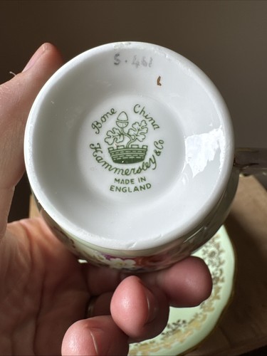 Vintage Tea Cup Saucer Set Hammersley Bone China Green Floral England Gold S461 - Picture 6 of 8