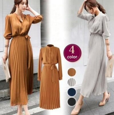 Women Chiffon Pleated Dress Lapel Collar Long Shirt Lace Up Office