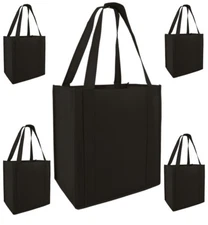 Qty 20 Grocery Tote Shopping Bag Black Reusable Bags Strong Bottom Side Support