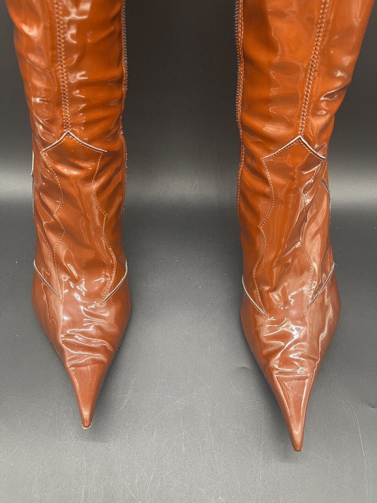 $995 Giancarlo Paoli Henna Brown Patent Leather Boots With Green Fur Sz 39 Tall
