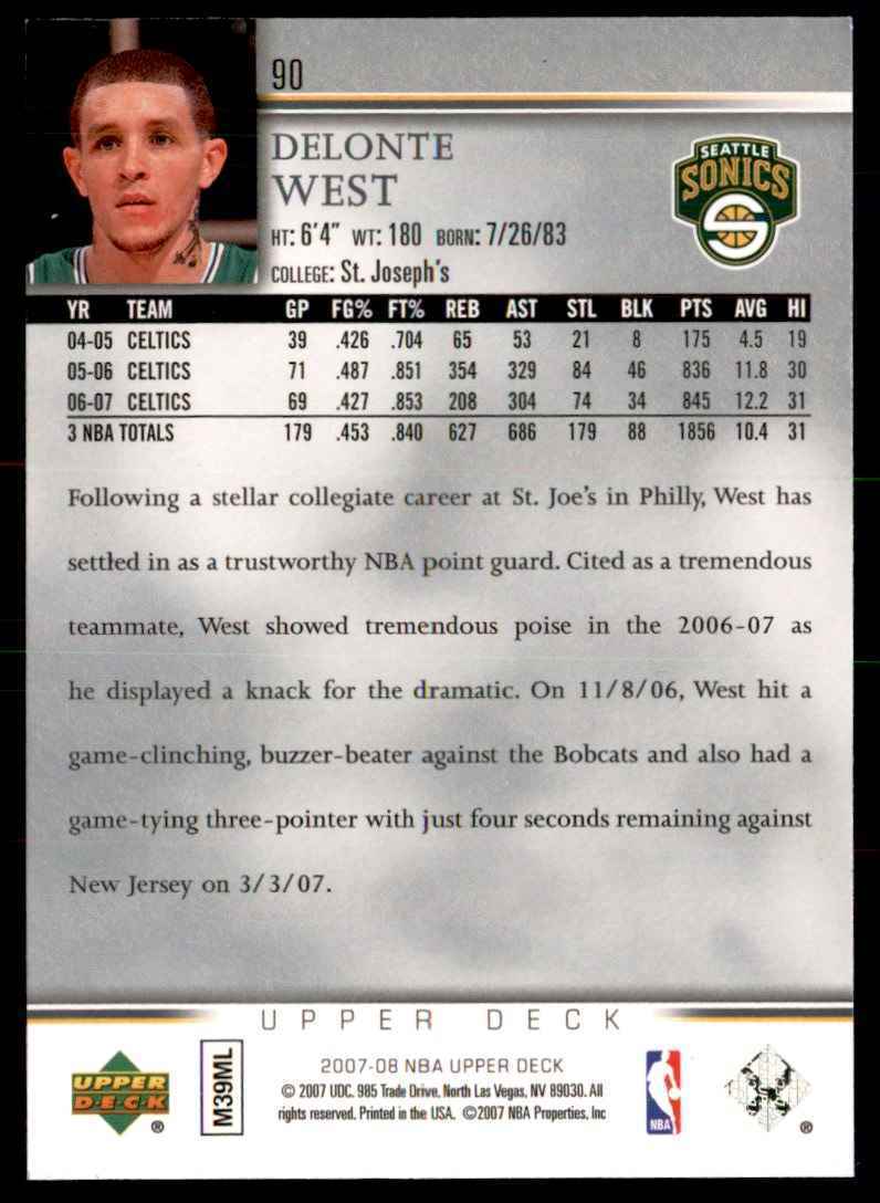 2007-08 Upper Deck Delonte West Seattle SuperSonics #90 | eBay