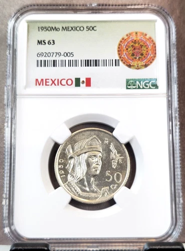 1950 MEXICO SILVER 50 CENTAVOS CHIEF CUAUHTEMOC NGC MS 63 GREAT COIN