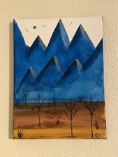 Blue Mountain Desert Landscape Original Acrylic Painting Ombré Brown Desert.