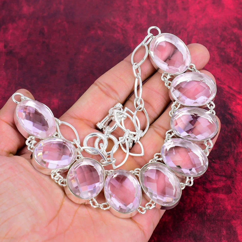 Faceted Pink Kunzite Gemstone Handmade 925 Solid Silver Jewelry Necklace For Her - Image 3 of 4