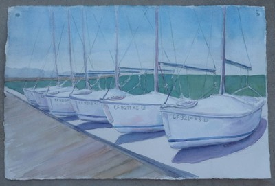Boats In Line, Newport Sea Base Original Watercolor Paint RAMfish Artist 15x22''
