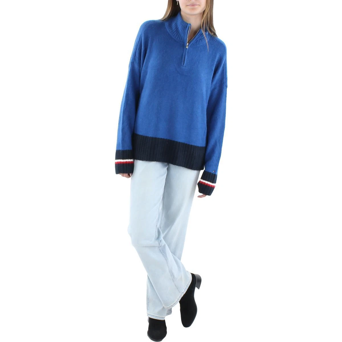 Tommy Hilfiger Womens Half Zip Colorblock Mock Turtleneck Sweater Top BHFO 5953