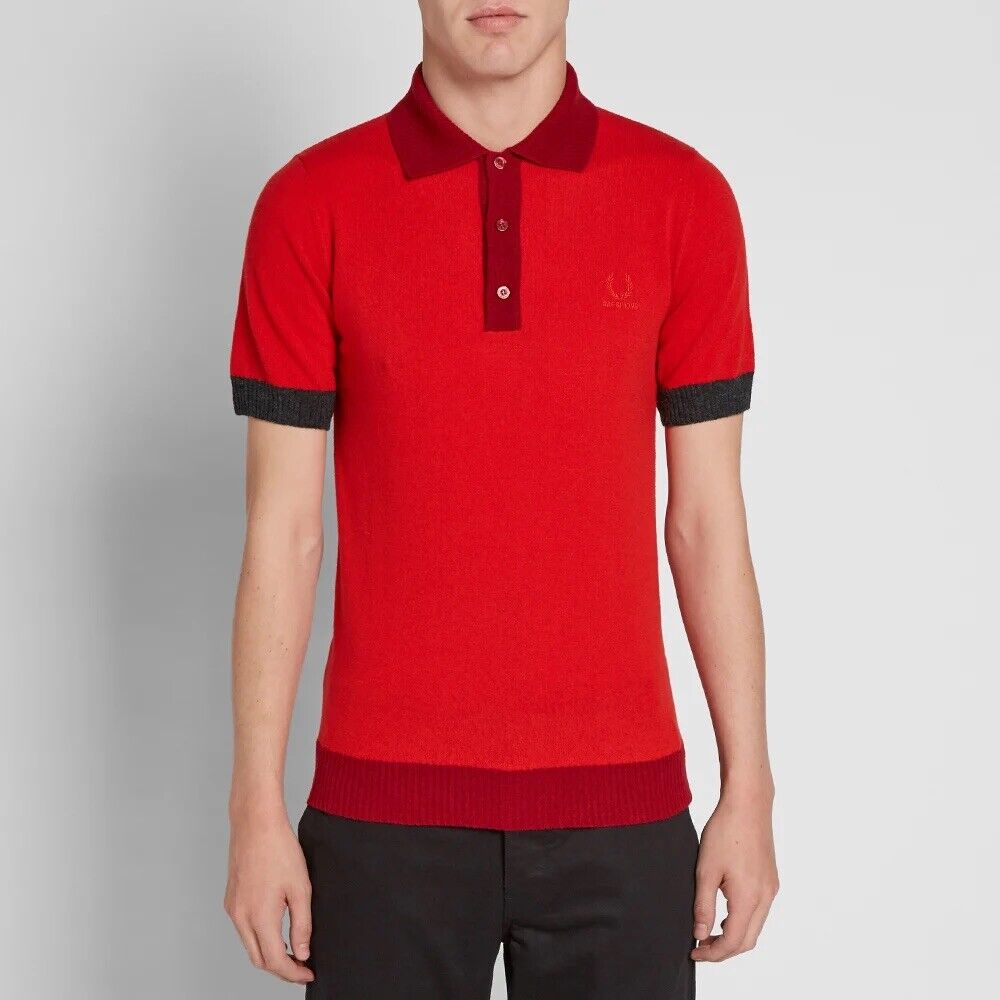Raf Simons x Fred Perry Knit Polo Pure New Wool Geometrical Red Mens Size  42 M