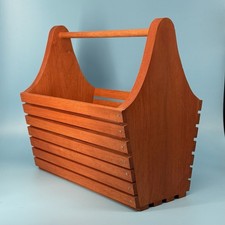Vintage Slatted Wood Magazine Rack Record Holder with Handle, Storage Organizer