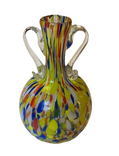 Vintage Murano Italy 2 Handled Confetti Art Glass Vase 6” Mazzucatto With Tag