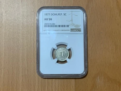 1877  NGC AU58  Dominican Republic 5 Centavos .