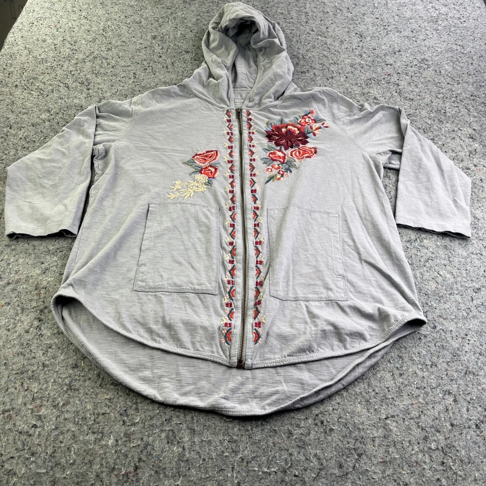 Caite Embroidered Hoodie Zip Jacket Blue/Gray XXL Floral Boho India - Image 3 of 4