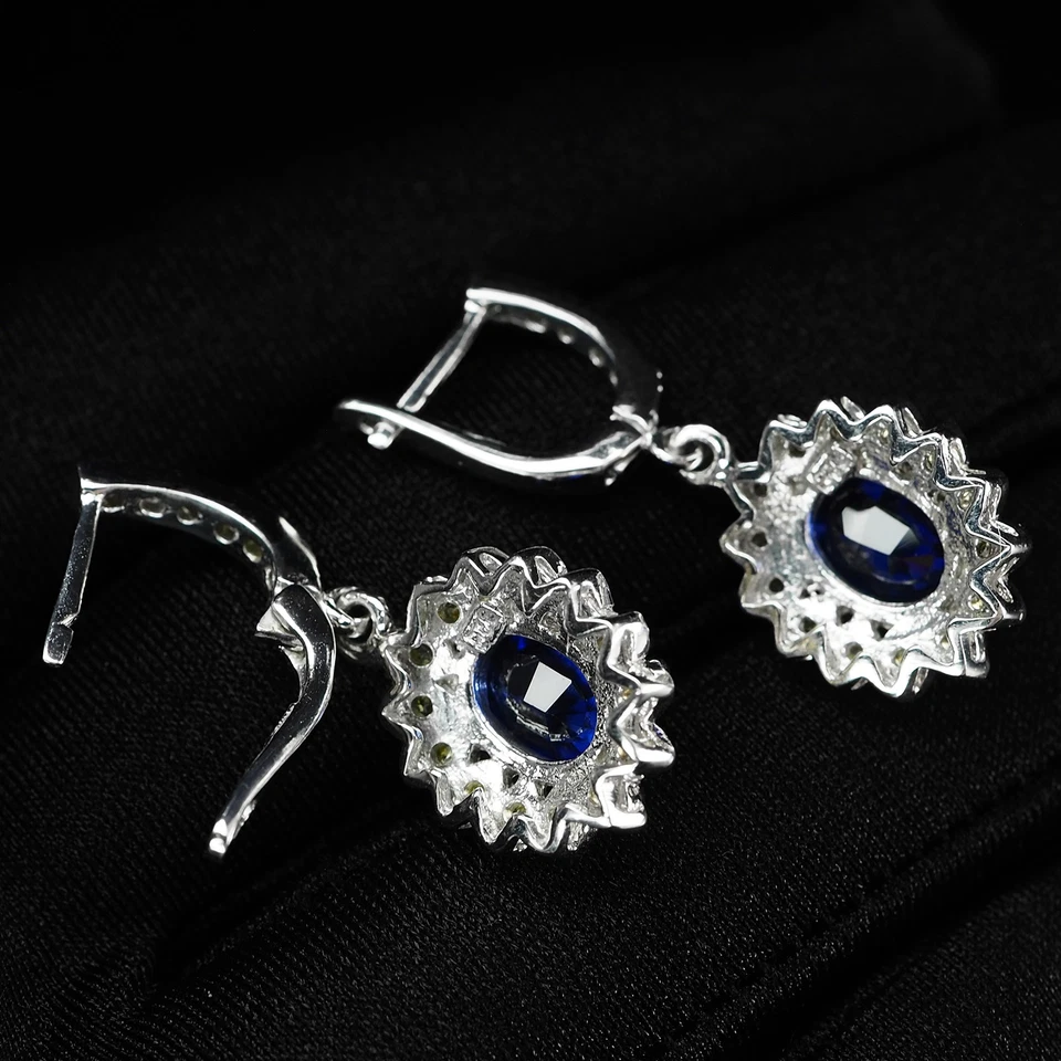 925 Sterling Silver White Gold Earrings Invaluable Royal Blue Sapphire 5.25Ct - Image 4 of 4