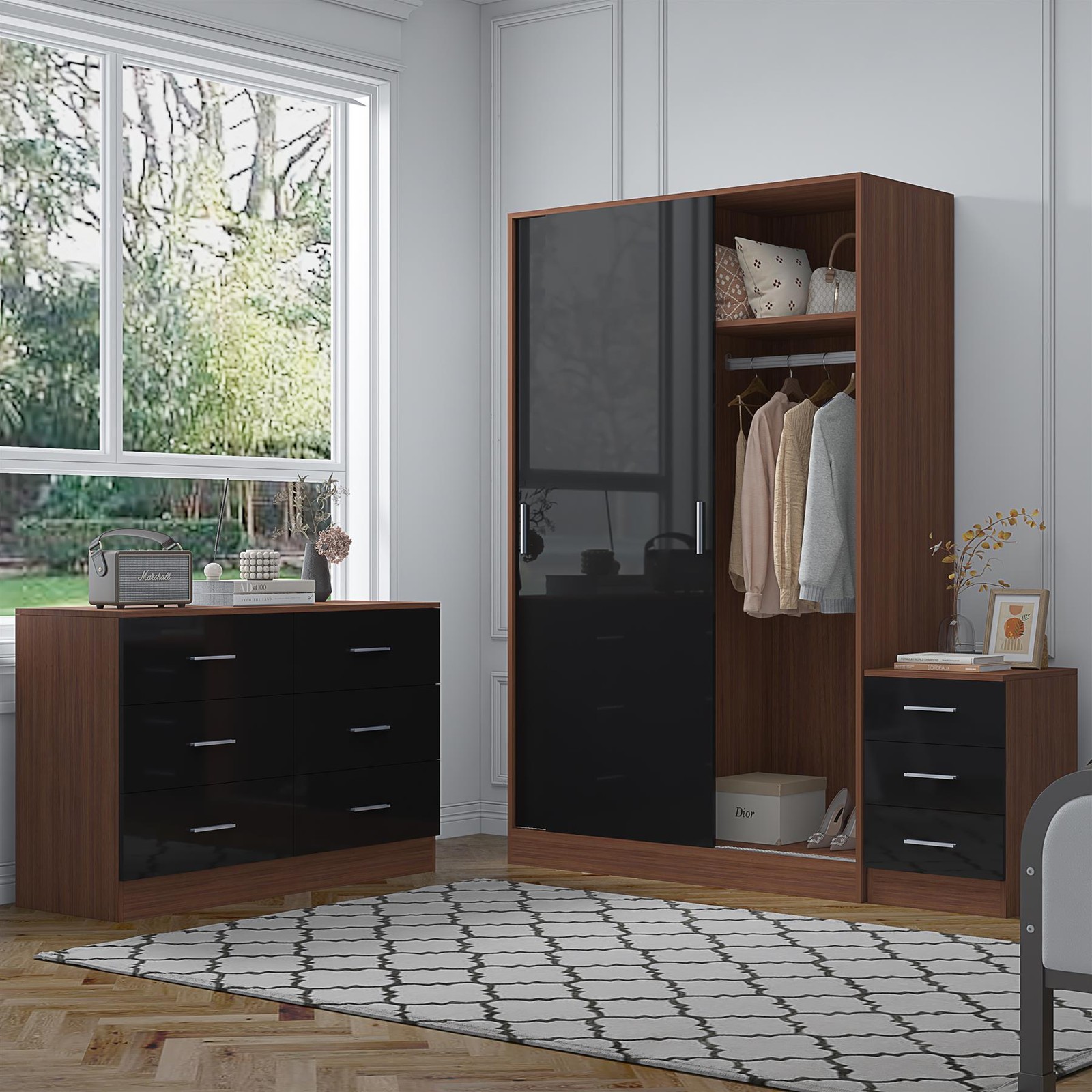 REFLECT Sliding Wardobe + Wide Chest of Drawers + Bedside - Black/Walnut