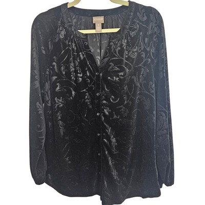 Chicos Womens Velvet Floral Blouse Elegant Dark Romance Stretch Size 1 Medium