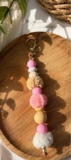 Handmade Pink Beaded Pom Pom Keychain Cute Bag Charm Coquette Accessory