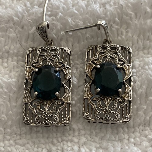 Blue Sapphire CZ 925 Sterling Silver Edwardian Style Post Earrings - Picture 2 of 14