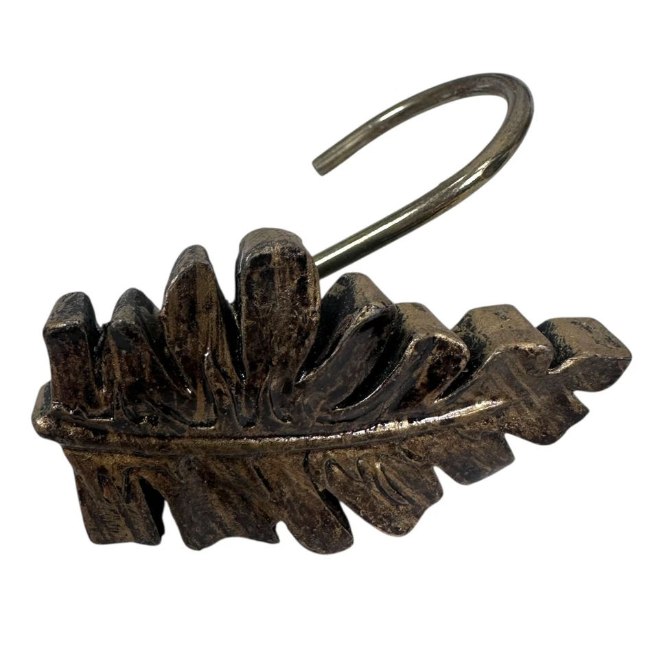 Lote de 12 ganchos para cortina de ducha hoja de helecho anillos resina dorada elegante decoración de baño Foto 4 de 4
