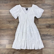 Angie Dress Womens Large White Midi Ruffle Puff Sleeve Short Sleeve Cottagecore
