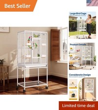 54 Inch Wrought Iron Large Bird Flight Cage with Rolling Stand for Parakeets ...
