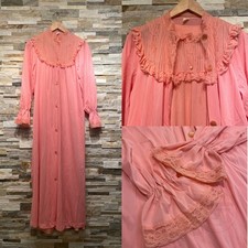 Vintage 60s Peignoir Set  Pink Nylon Nightgown  Robe, Lace Ruffles Cottage M/L