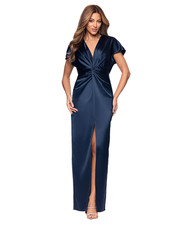 Xscape Satin Gown 6 Navy Twist Front v-Neck High Slit NWT 259