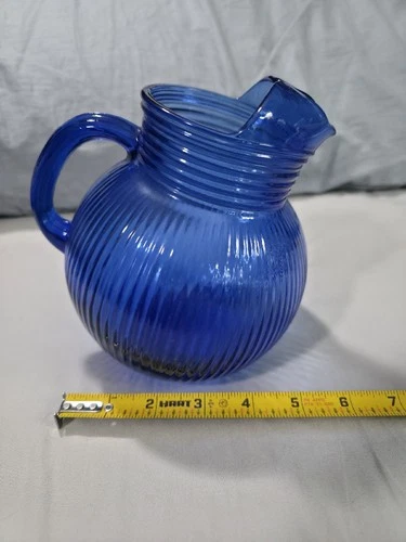 Vintage Hazel Atlas Cobalt Blue Ribbed Glass Pitcher Art Deco Depression Era