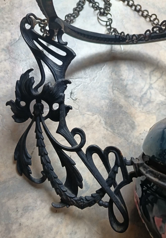 Ancienne structure lustre suspension lampe à pétrole barbotine Art nouveau  CA0x - Photo 2/4