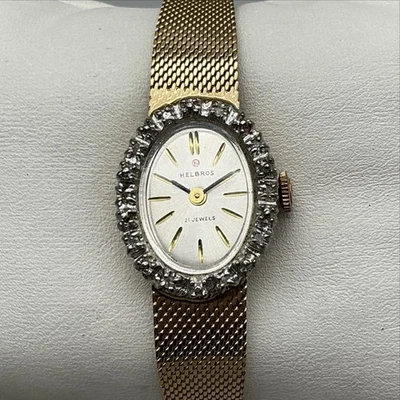 Vintage Helbros Womens Watch 18mm Diamond Bezel Mesh Band 17J Manual Vintage Helbros Ladies Watch Bezel Jewels Diamond as is No  main image 4