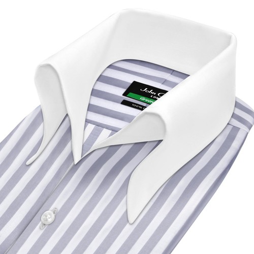 Men's Gray White Bengal Stripes High Open Button Down Collar Buttonless Shirt - Picture 7 of 11